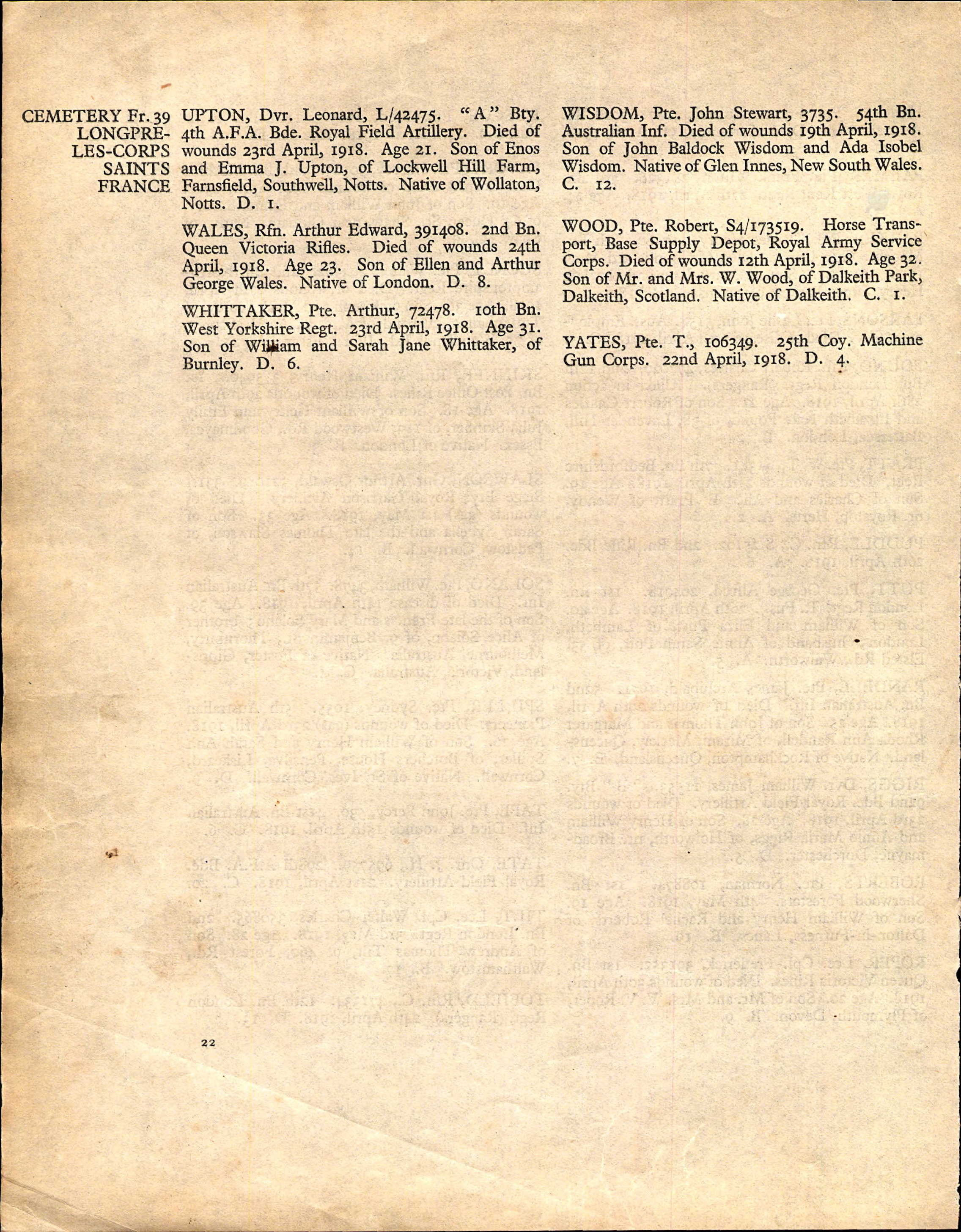 Printed cemetery register page for Longpré-les-Corps-Saints Communal Cemetery Extension, France, listing Pte. John Stewart Wisdom, 54th Battalion Australian Infantry, died of wounds 19 April 1918, son of John Baldock Wisdom and Ada Isobel Wisdom, native of Glen Innes, New South Wales.